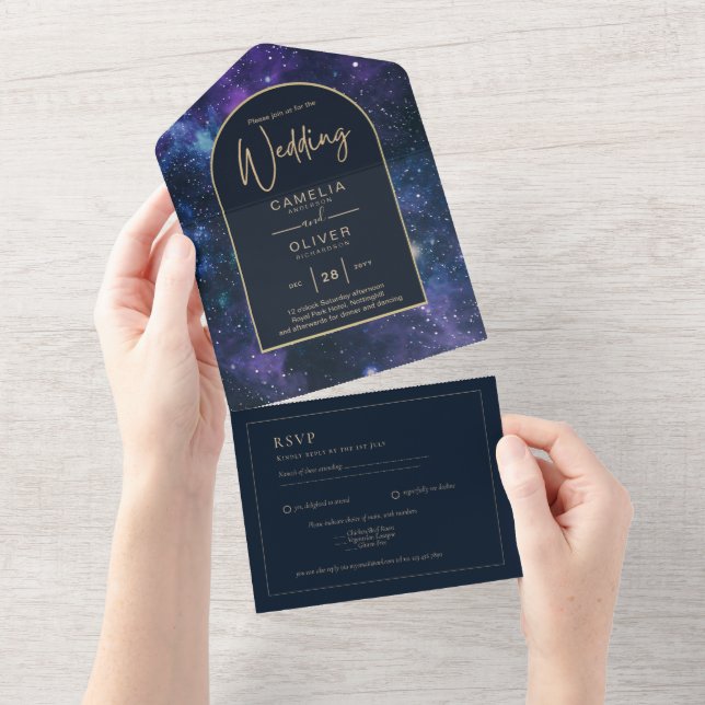 Galaxy Starry Night Purple Blue Casamento Dourado (Aba destacável)