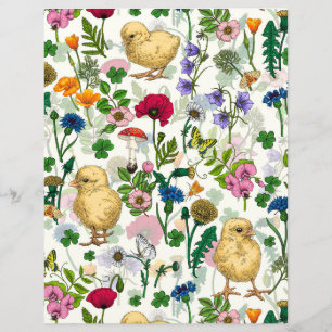 Galinhas e flores silvestres em branco-claro