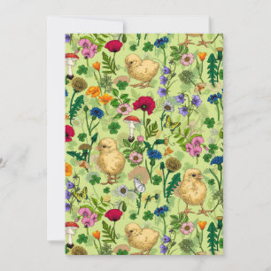 Galinhas e flores silvestres em verde-orvalho