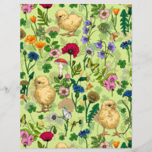 Galinhas e flores silvestres em verde-orvalho