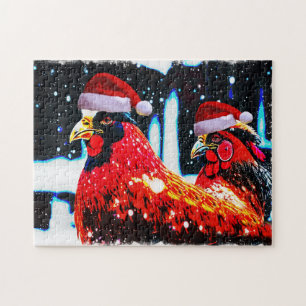 Galinhas em Santa Hats Quebra-cabeça de Arte de in