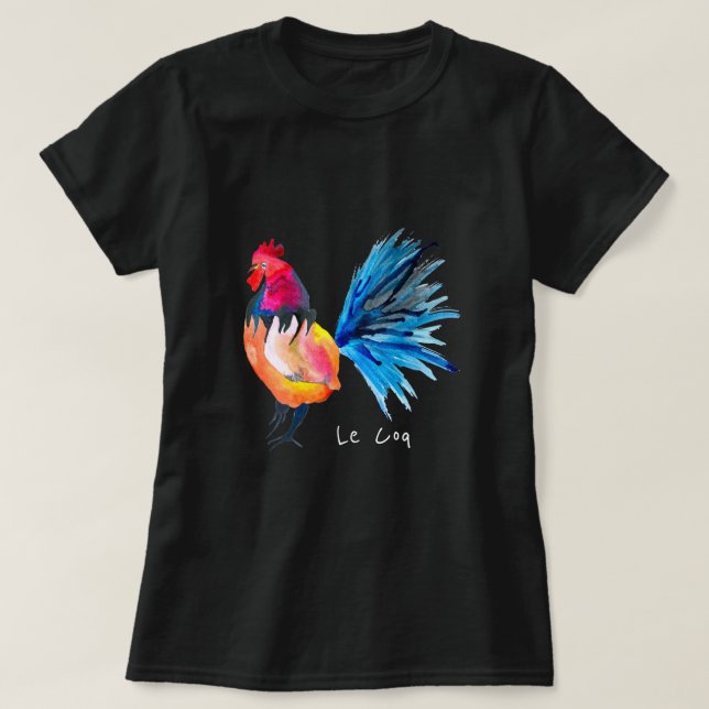 Galo colorido Le coq aquarela animal T-Shirt (Frente do Design)
