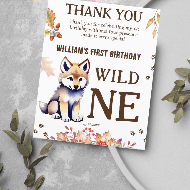 Galo selvagem de um cartões de agradecimentos fest (Wild one wolf themed birthday party thank you card cute wolf puppy fall foliage thank you card)