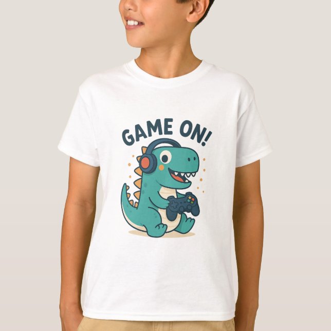 Game On! Cool Gamer Dinosaur Kids T-Shirt (Frente)