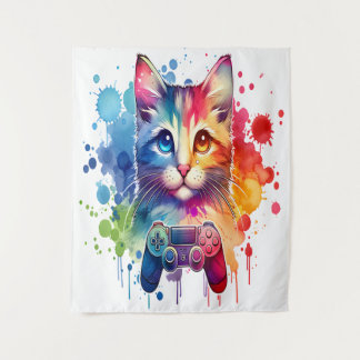 Gamer Cat Delight: Tapeçaria com Aquarela Colorida