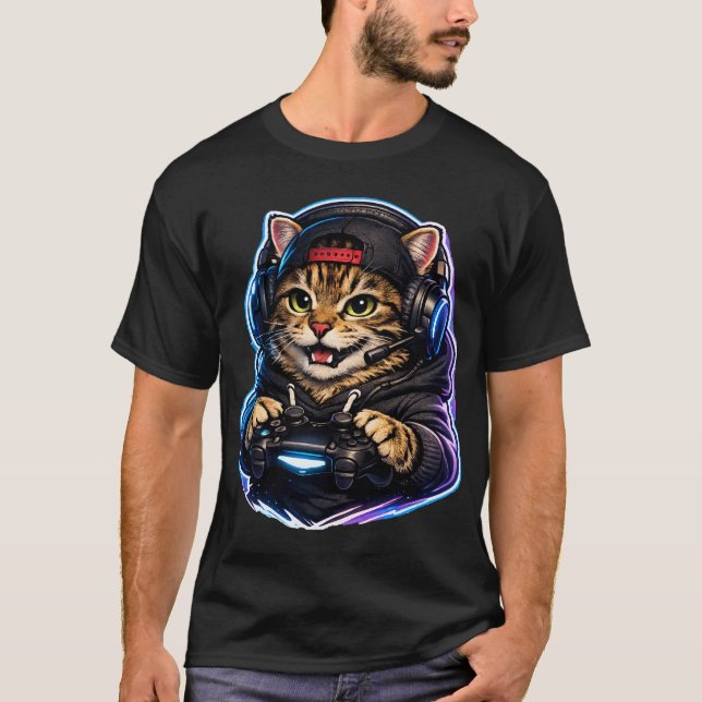 Gamer Cat T-Shirt – Neon Gaming Cat Controller Des (Frente)