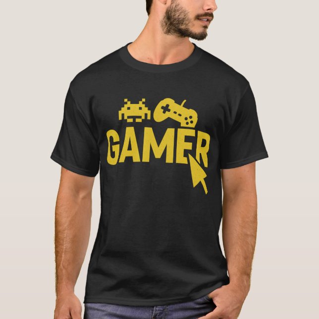 “Gamer Icons T-Shirt – Retro Controller and Pixel  (Frente)