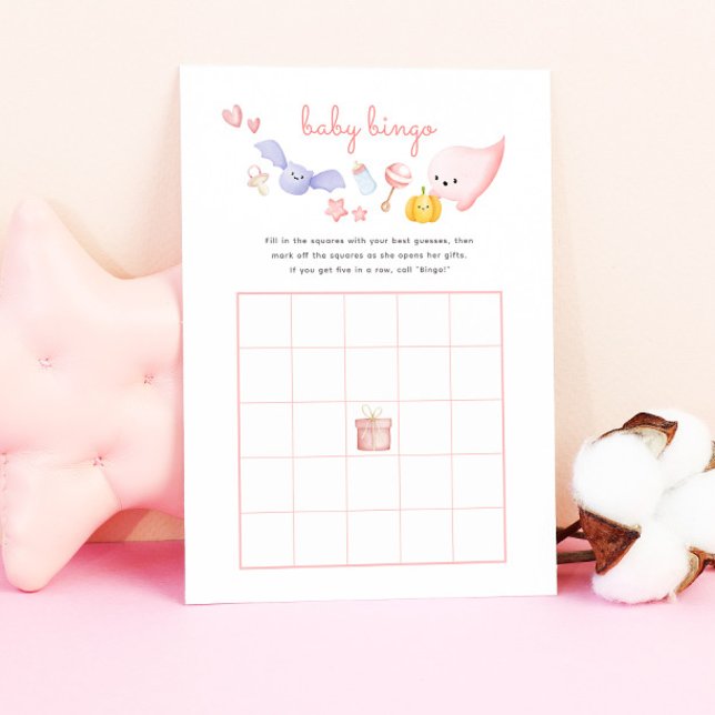 Gancho de Chá de fraldas Fantasma Rosa-Rosa-Gato (pink baby shower bingo game with cute ghost and halloween illustrations)