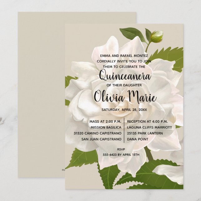 Gardenia Vintage Quinceñera Floral Convites (Frente/Verso)