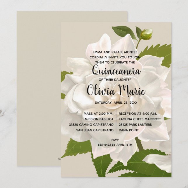 Gardenia Vintage Quinceñera Floral Convites (Frente/Verso)