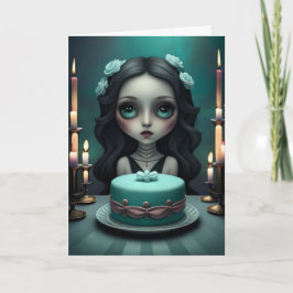 Garota bonita com bolo de aniversário, cartão de a