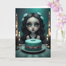 Garota bonita com bolo de aniversário, cartão de a