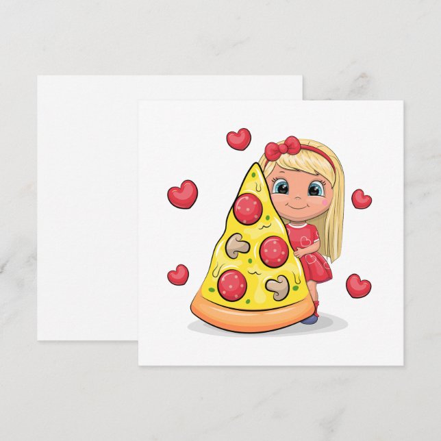 Garota bonita com uma fatia de pizza. (Frente/Verso)