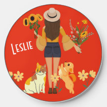 Garota bonita segurando girassóis Cat & Dog