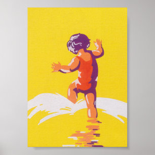 Garota caminhando no Poster vintage da praia