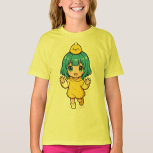 Garota Chibi Fofa de Cabelo Azul em Camiseta de Fr
