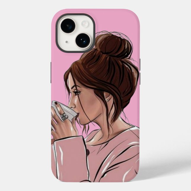 Garota Chic com Coque Desgrenhado Bebendo Café Ros (Verso)