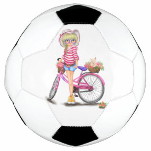 Garota com bola de futebol rosa