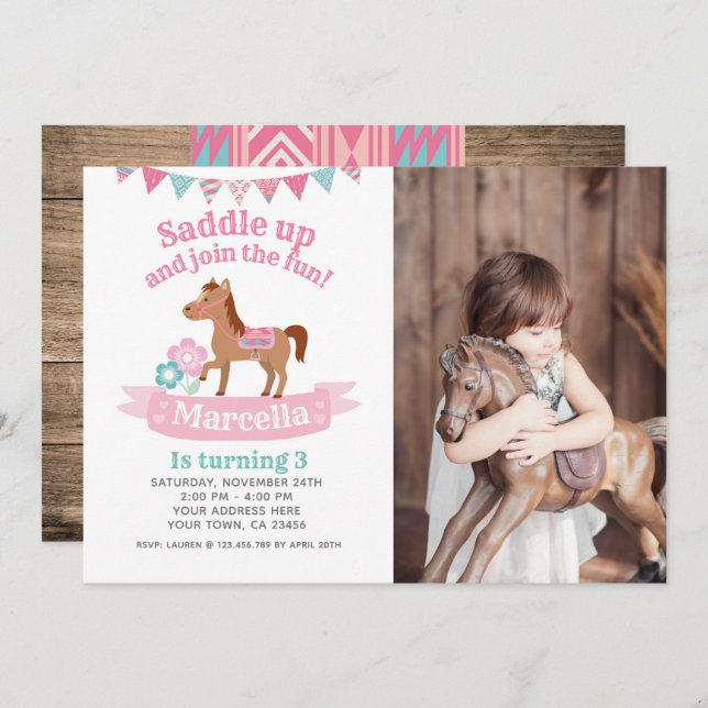 Garota, Convite de Aniversário para Cavalo com Fot (Frente/Verso)