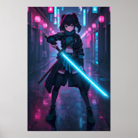 Garota de Anime Cyberpunk Neon com Poster de Espad
