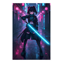Garota de Anime Cyberpunk Neon com Poster de Espad