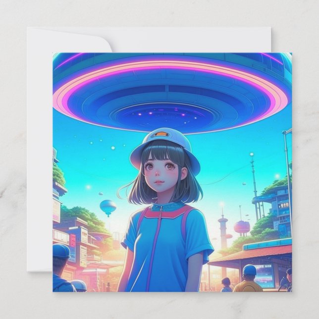 Garota de Anime sob um OVNI na Cidade (Frente)