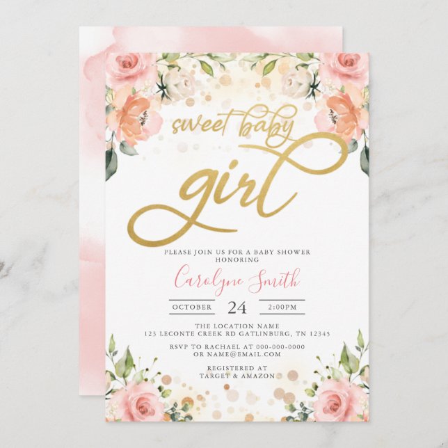 Garota de Convite para Chás de fraldas Blush Cor-d (Frente/Verso)