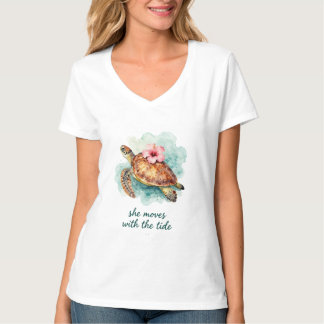 garota do oceano - Camiseta de hibisco de tartarug