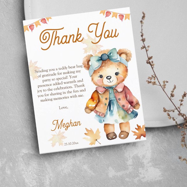 Garota do urso de pelúcia cai cartões de agradecim (Cute Teddy bear girls birthday party thank you cards cute teddy dressed in a dress and hair bow)