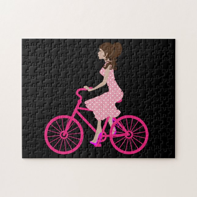 GAROTA EM UM Quebra-cabeça DE MADEIRA DE BICICLETA (Horizontal)