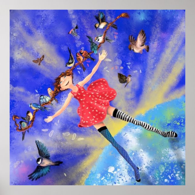Garota Feliz com Pássaros Poster Felicidade (Frente)