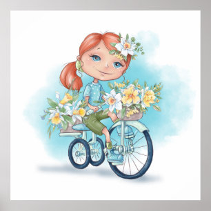 Garota na bicicleta com Poster de flores