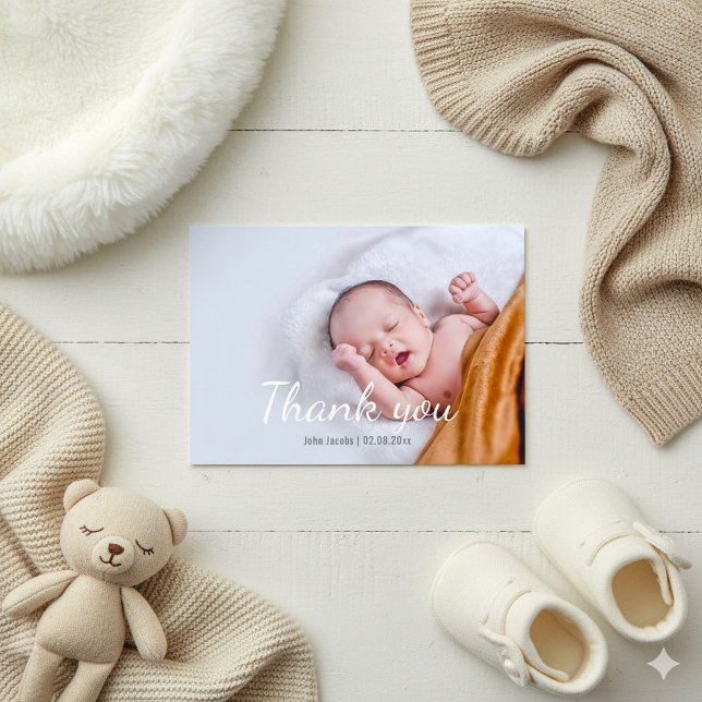 Garoto chá de fraldas moderno, cartões de agradeci (Thank you photo card for baby shower, newborn celebration.)