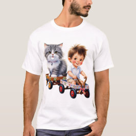 Garoto e gato em cima da t-shirt do carro