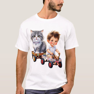 Garoto e gato em cima da t-shirt do carro