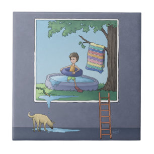 Garoto no azulejo de cerâmica piscina infantil