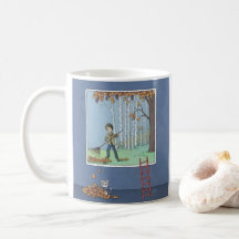 Garoto raking deixa caneca de café