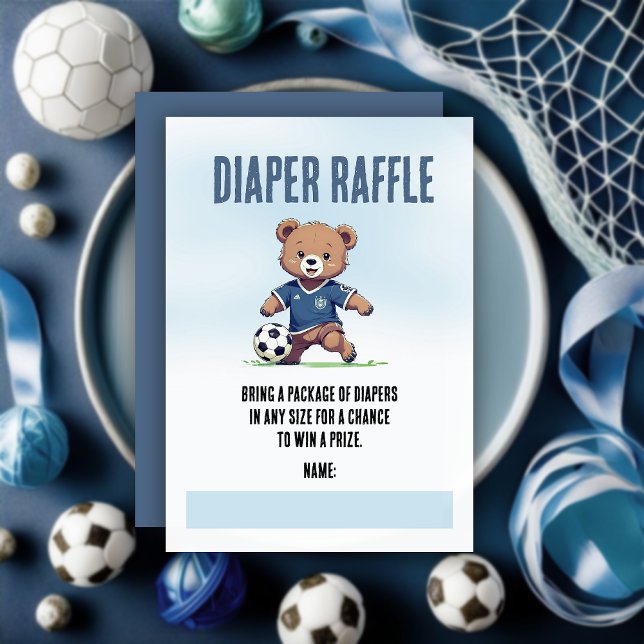Garoto Urso Chá de fraldas Raffle (Cute Blue Teddy Bear Soccer Player Boy Baby Shower "Diaper Raffle" Insert Enclosure Card)