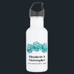 Garrafa 3 Rosas de Aquarela Teal Casamento<br><div class="desc">Uma garrafa de água com informações de casamento. Ilustrado com um simples trio de rosas de chá pintados com aquarelas.</div>