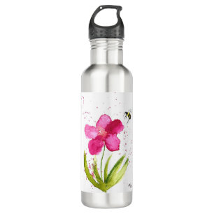 Garrafa Abeja pintada con acuarela flor rosa