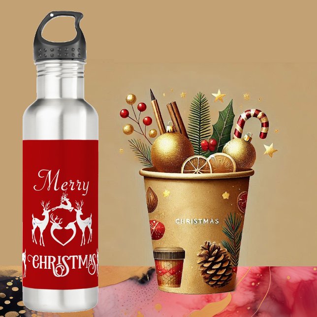 Garrafa Ajudantes de Papais noeis Brancos de Reindeer Nórd (Cute Nordic Christmas Reindeer White Santa Helpers Stainless Steel Water Bottle)