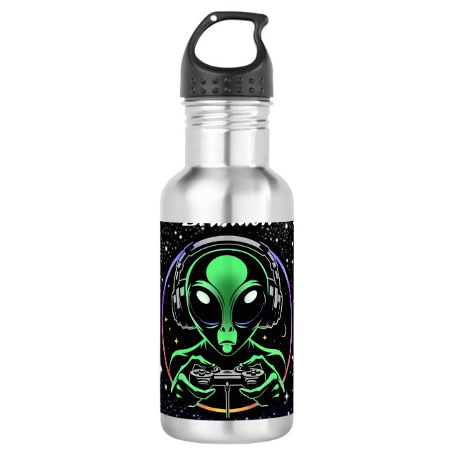 Garrafa Alienígena a Jogar Video Games com Fundo Estelar (Frente)