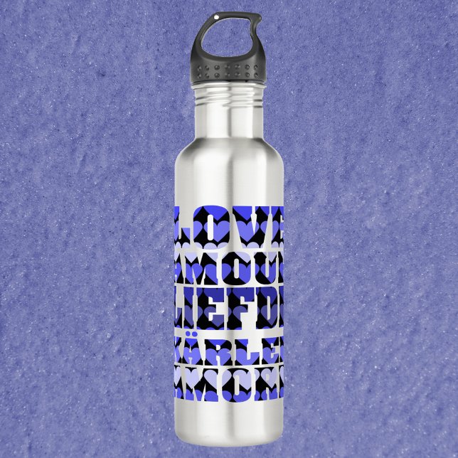 Garrafa Amor em línguas estrangeiras Corações Azul (A water bottle that says love in a variety of languages with a blue heart pattern.)