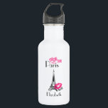 Garrafa Amor Paris com Torre Eiffel e Lábios Lipstick<br><div class="desc">Uma garrafa de água personalizada com uma ilustração da torre do Effel. Uma impressão de batom rosa-quente ao lado do famoso marco que diz xoxo! e tipografia de rico que diz "amor amor amor" Paris.</div>