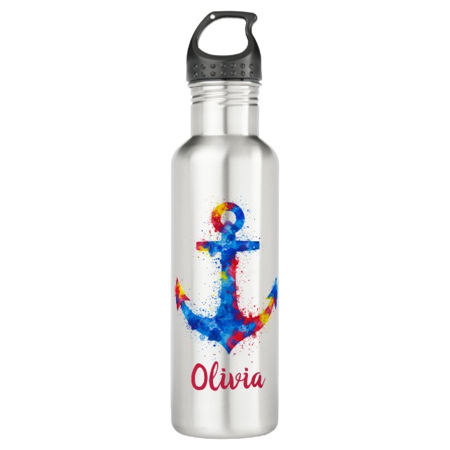 Garrafa Âncora Náutica Vibrante em Aquarela Splash (Frente)