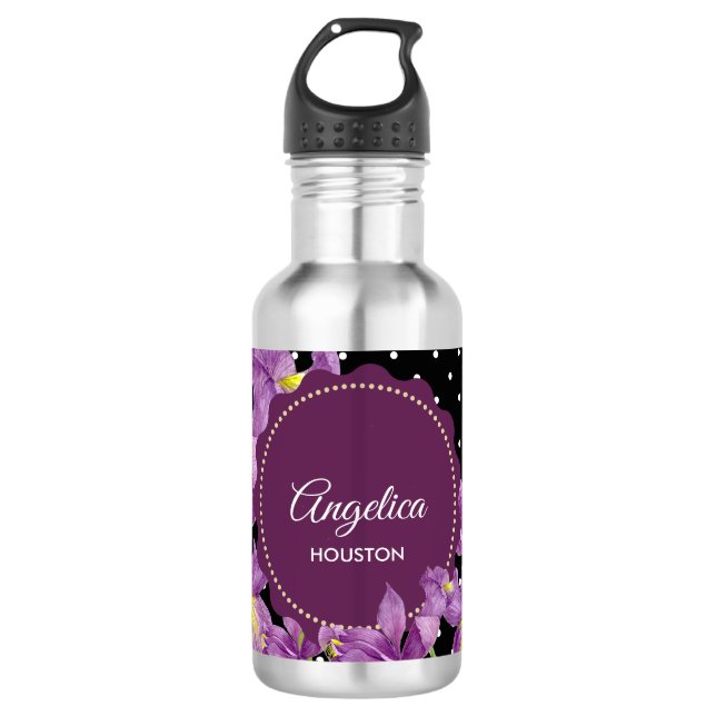Garrafa Aquarelas Purple Iris Bolinhas Pretas (Frente)