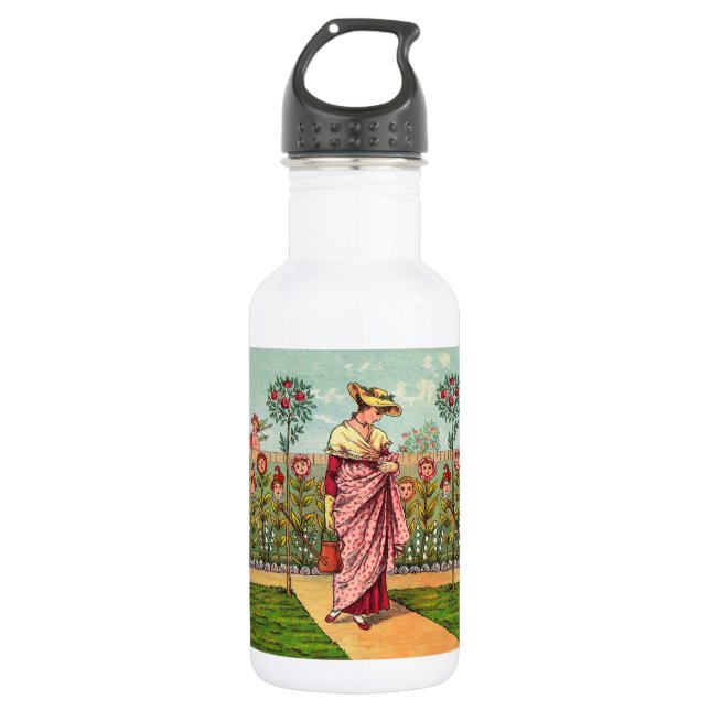 Garrafa Arte Antigo Jardim Crescer Flor Mulher (Frente)