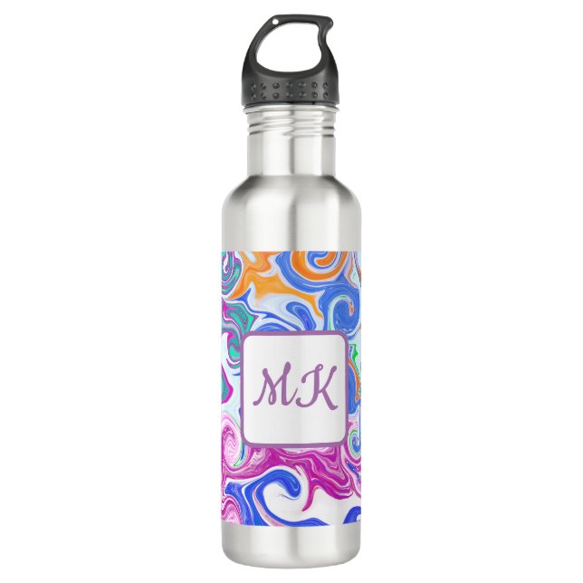 Garrafa Arte Fluida Azul, Laranja, Roxo e Teal (Frente)