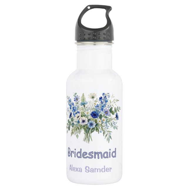 Garrafa azul branco floral damas de honra nome roxo modern (Frente)
