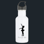 Garrafa Ballerina Black Silhouette Personalizado<br><div class="desc">Uma garrafa de água refrescante com uma silhueta de bailarina de preto. Esta elegante dançarina de balé está em pé nos dedos, apontada com os braços esticados graciosamente. Personalizar com um nome ou outro texto personalizado.</div>